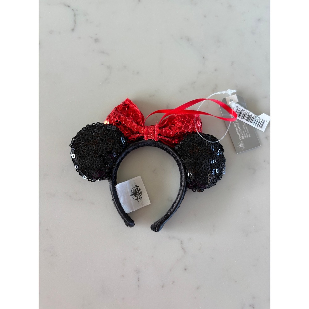 Disney Parks Minnie Mouse Ear Headband Sequin Christmas Ornament Red Black Bow